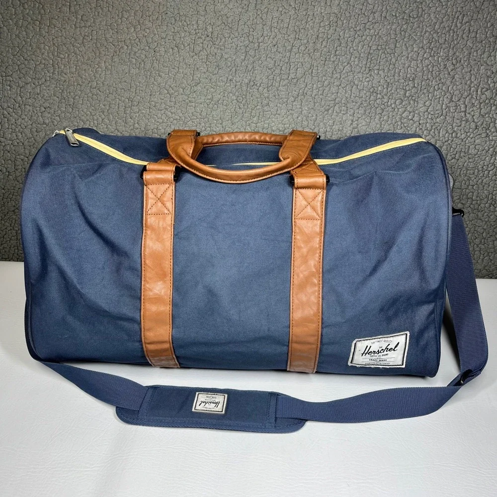 Herschel Supply Co Novel Duffle Bag Navy Blue Tan Weekend Travel Gym Bag